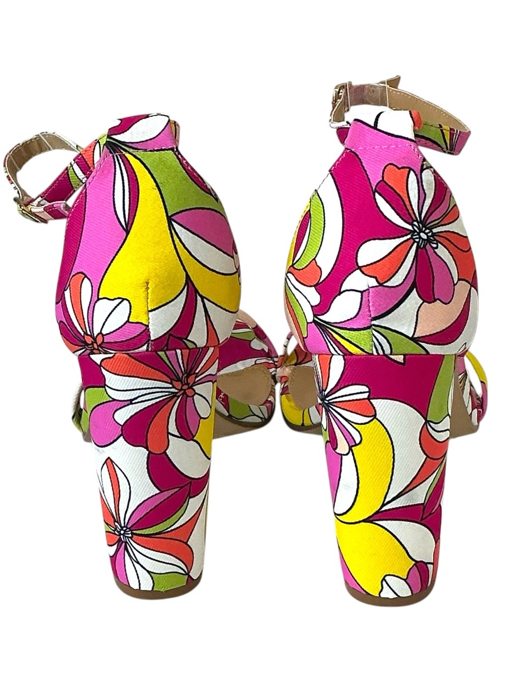 JustFab Sandal Block Heel Bold Floral Lorelai 4” High Heel Pink Green Size 11 - Picture 3 of 16